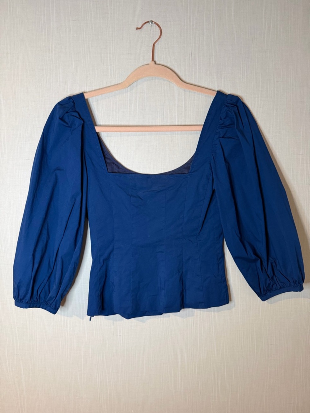 Staud Blue Cotton Scoop Square Neck Puff Sleeve Blouse 4 - Picture 3 of 5